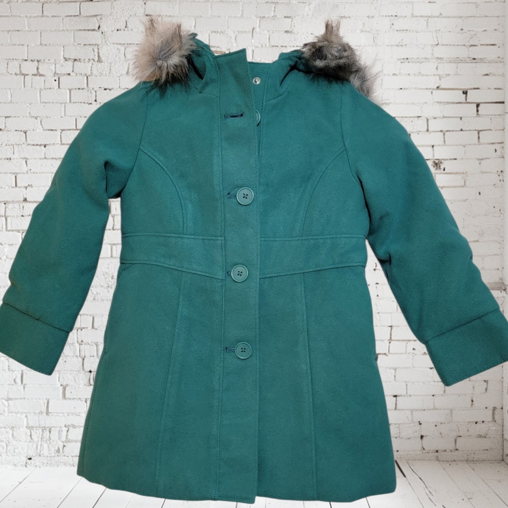 Teal Kids Peacoat with Removable Faux Fur Trim